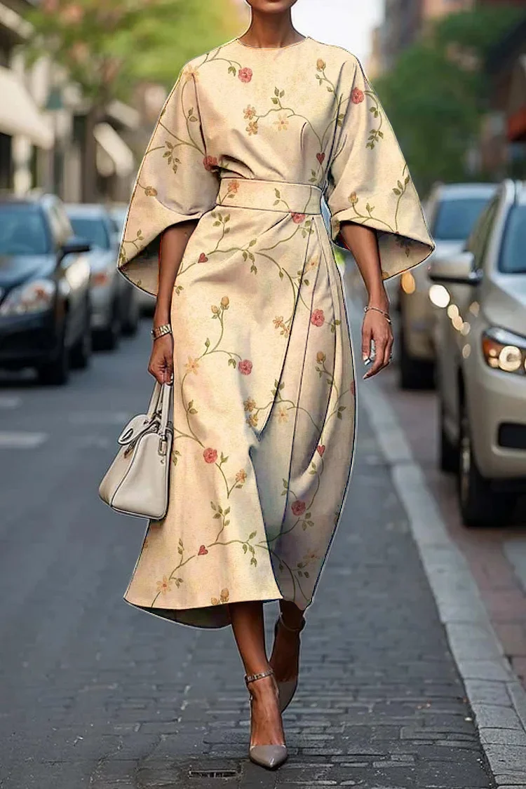 Women's Vintage Elegant Floral Print Midi Dress
