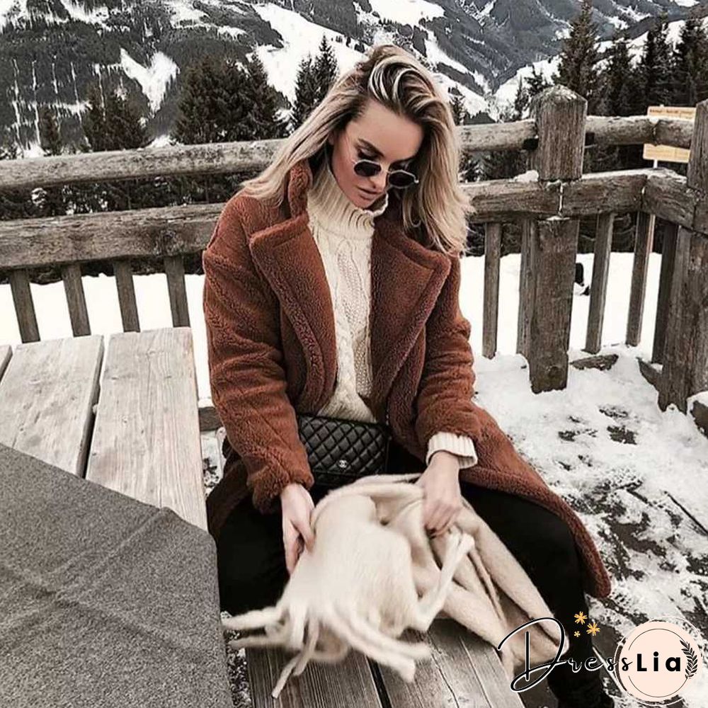 Long Faux Fur Camel Teddy Coat Maxi Jackets