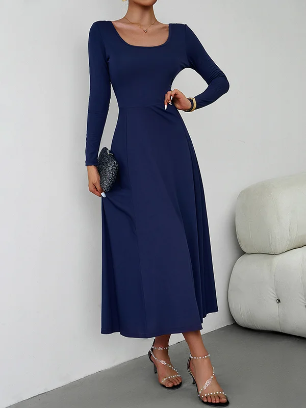 U-Neck Midi Dress with A-Line Silhouette and Tied Waist Detail