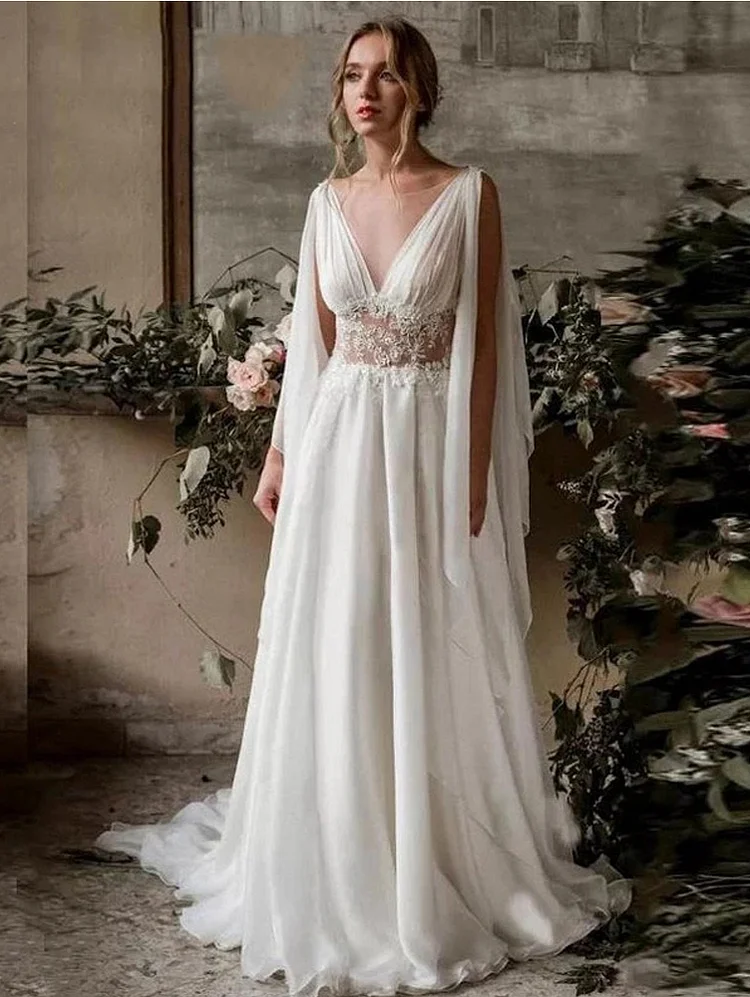 Wedding Dresses for Bride 2022 with Lace Appliques Chiffon Women Dress Long Sleeves Beach Bride Dress