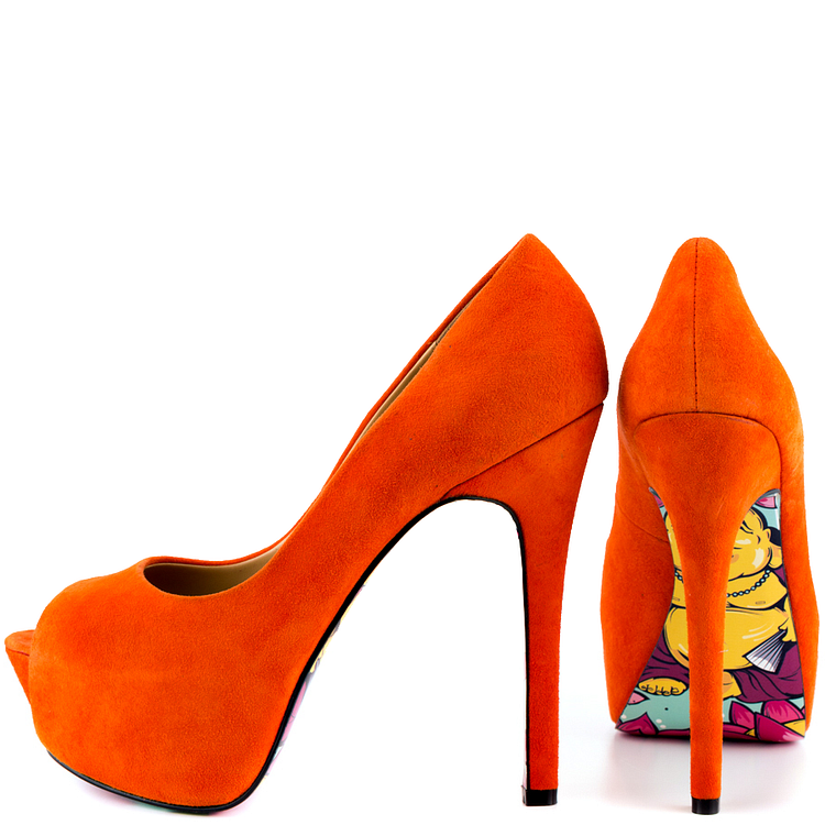 Women's Orange Floral Print Stiletto Heels Peep Toe Sandal Pumps With Platform |FSJ Shoes