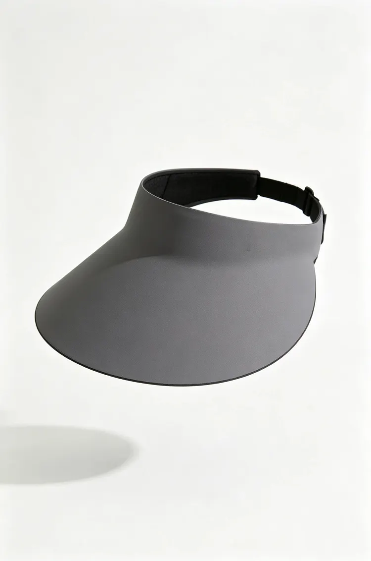 Dark gray open-top sun hat with wide, curved brim and side adjustment.