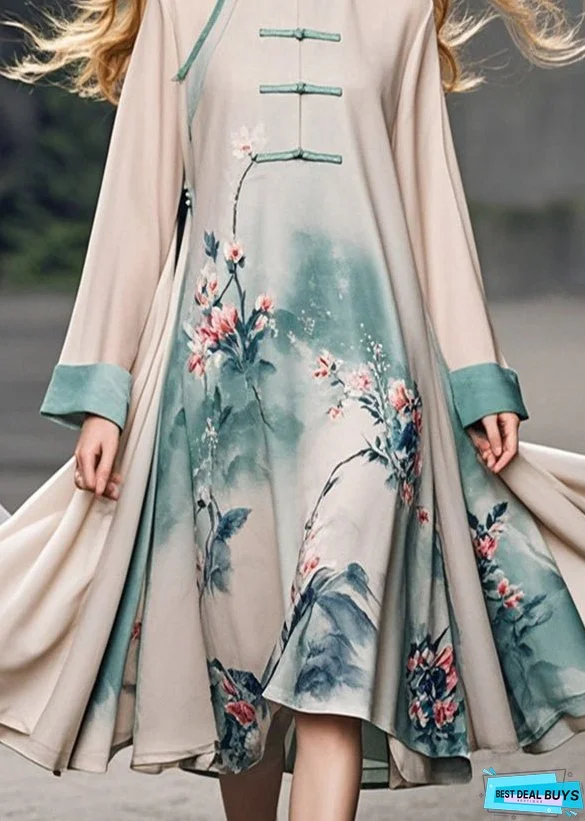 Vintage Apricot Print Chinese Button Chiffon Dress Fall