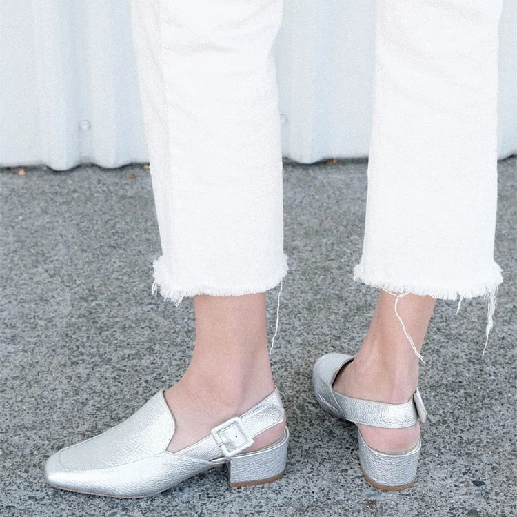 Silver Slingback Loafer Round Toe Block Heels Comfortable Shoes |FSJ Shoes