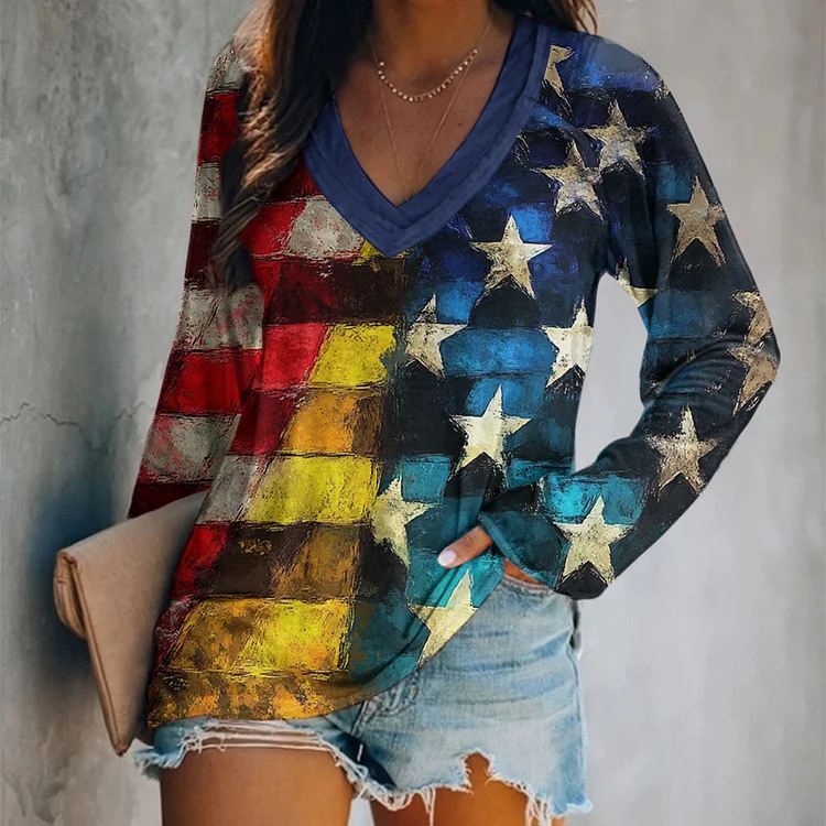 Women's Vintage Independence Day Flag Graphic T-shirt