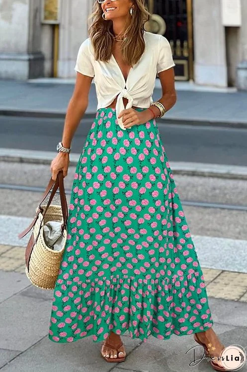 Meridress High Waist Printed Maxi Ruffle Swing Skirt