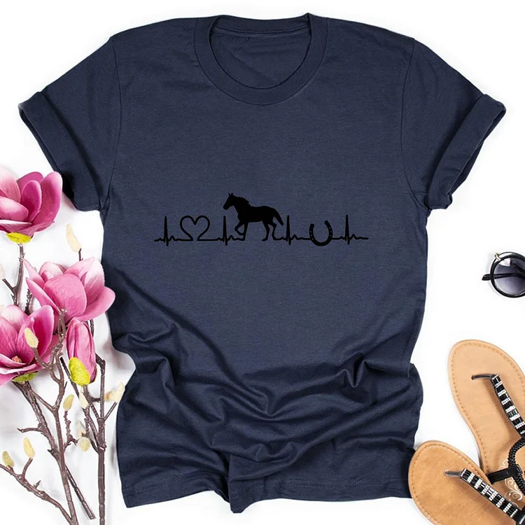 Horse Heartbeat Round Neck T-shirt