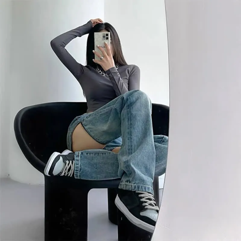 Zipper Detachable High Waist Straight Casual Denim Pants