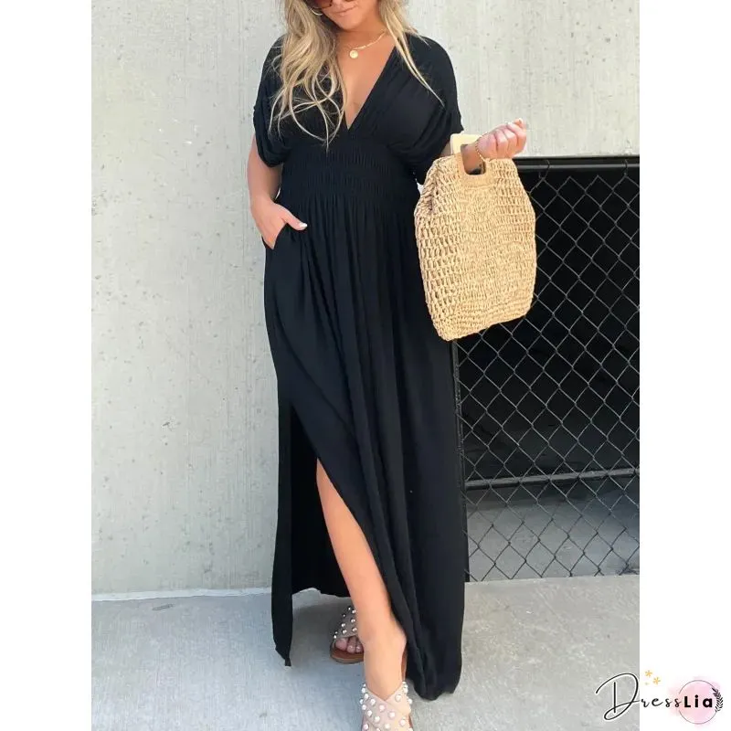 Casual Print Slit V Neck Straight Dresses
