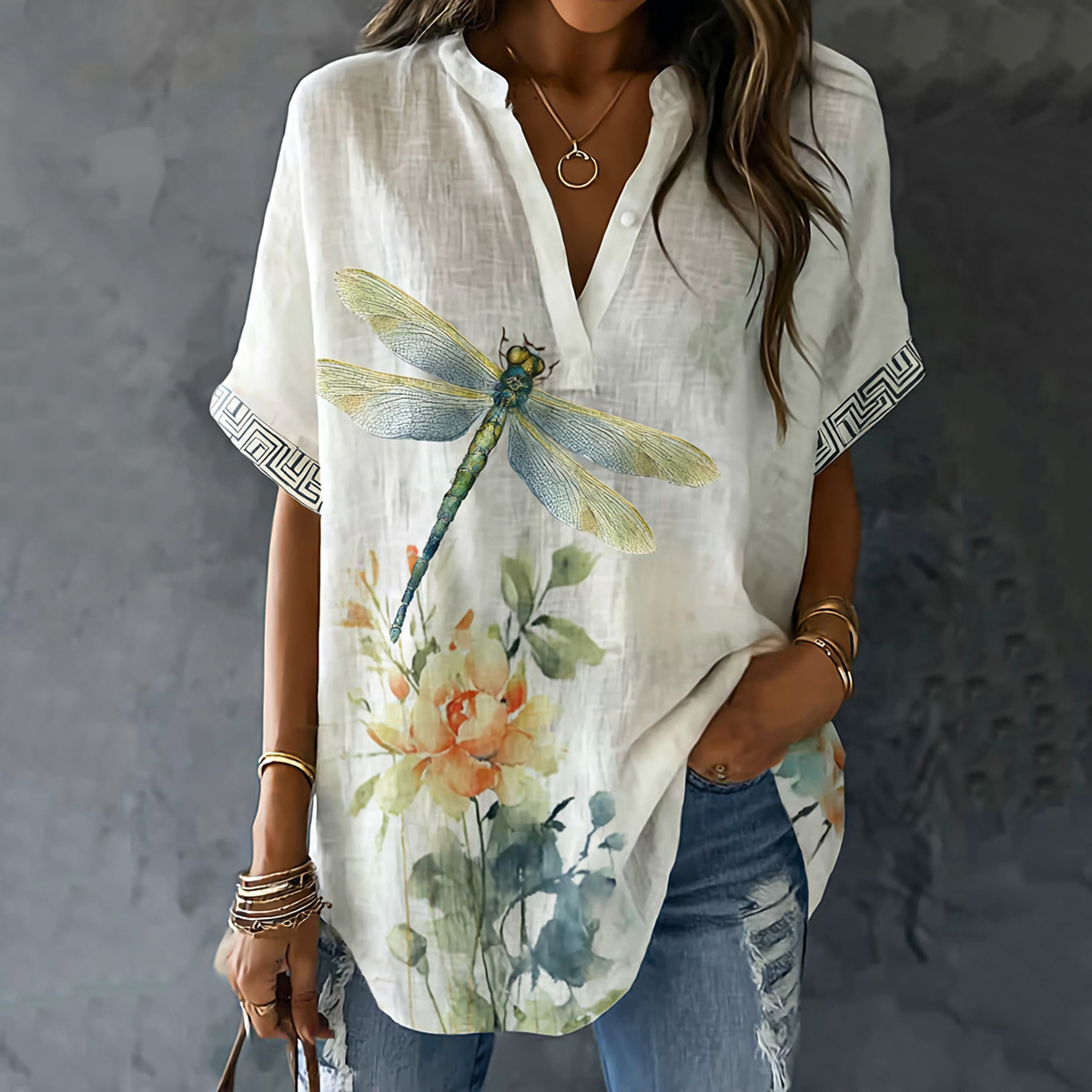 Retro Dragonfly Pattern Linen Blend Short Sleeve Tops elevenforest