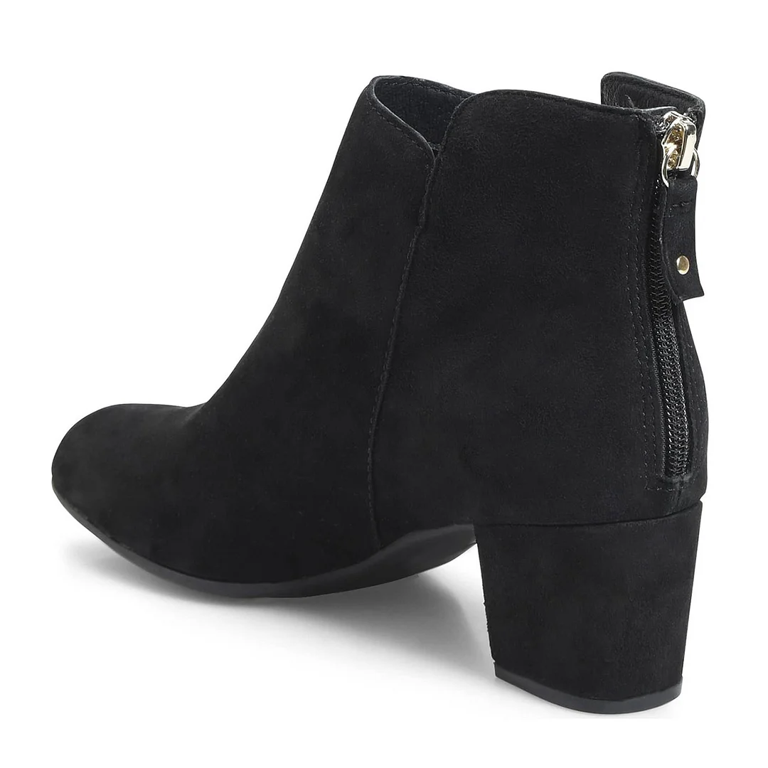 Vegan Suede Round Toe Zipper Ankle Boots for Women with Block Heel