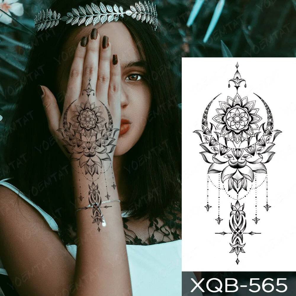 Sdrawing Temporary Tattoo Sticker Henna Mehndi Totem Flash Tatto Lotus Flower Hand Fingers Body Art Arm Fake Tatoo Men Women