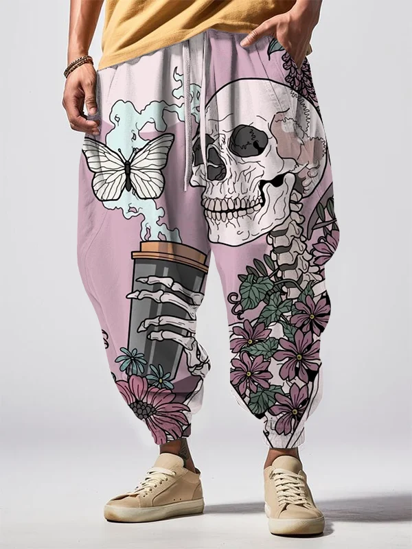 Men's Skull Skeleton Drinking Coffee Floral Pattern Print Loose Drawstring Waist Sweatpants