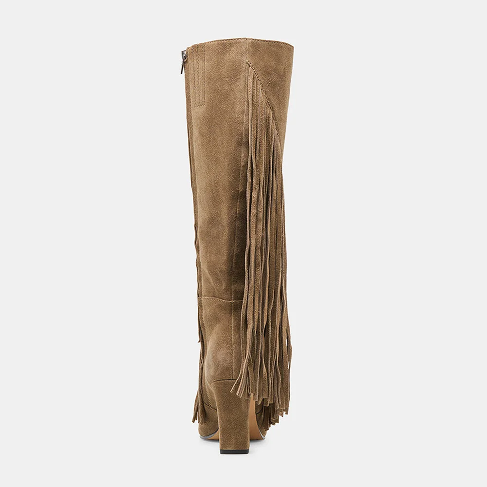 Olive Vegan Suede Square Toe Fringe Side Zipper Tall Boots for Women