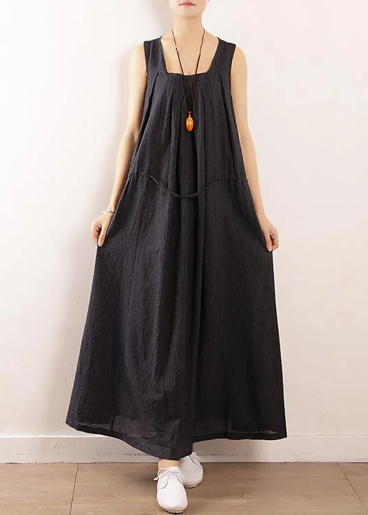 Elegant dark blue linen cotton Robes Fine Sewing Sleeveless drawstring Maxi Summer Dresses