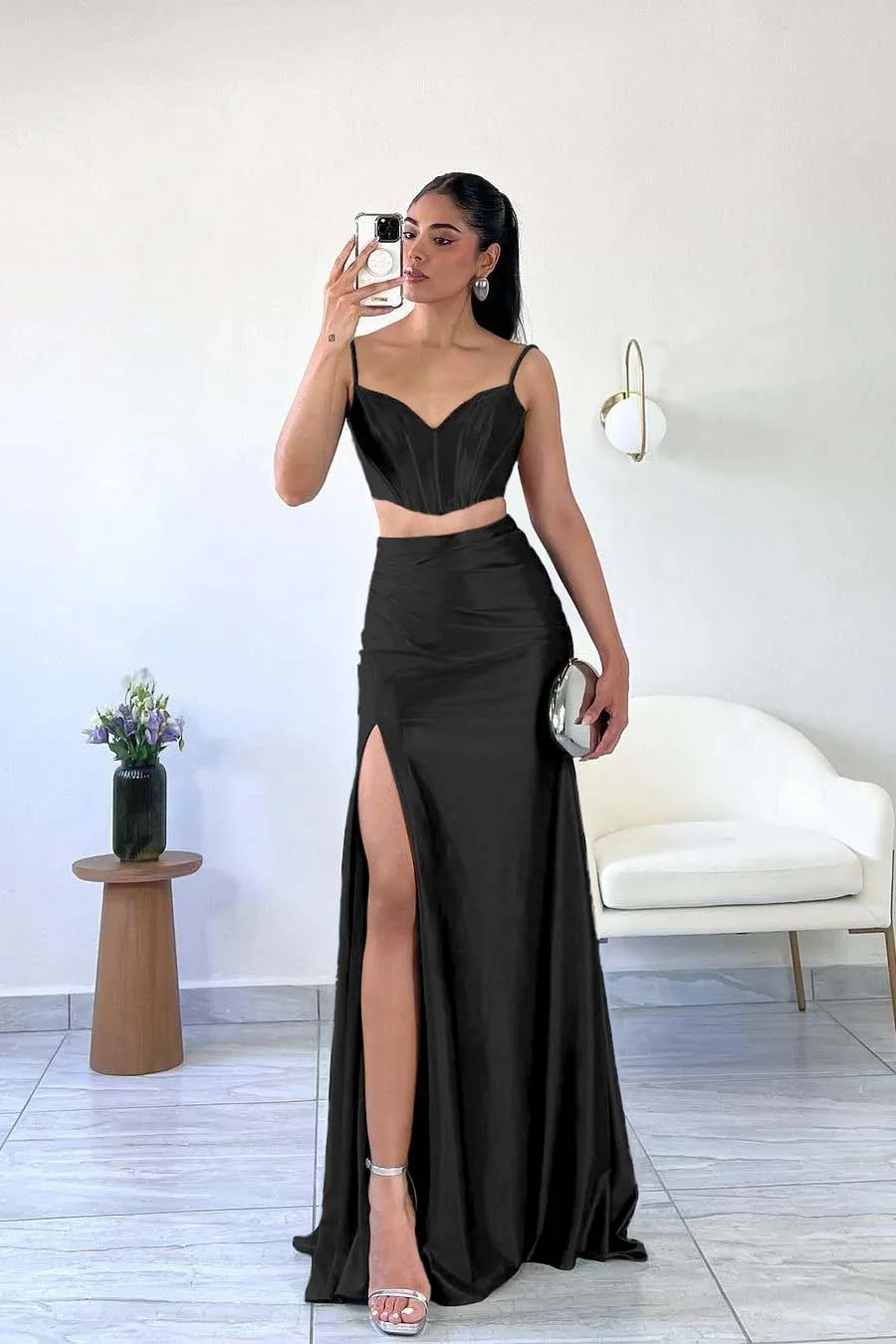 Miabel Simple Dark Green Satin Spaghetti Strap Sleeveless Long Prom Dress with Split