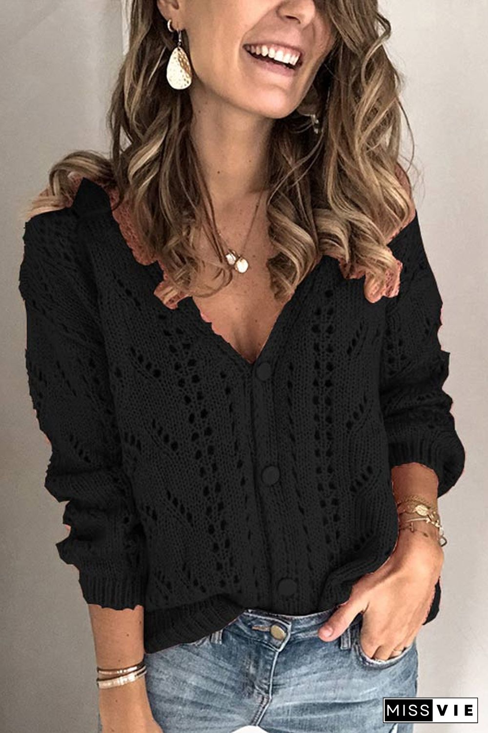 Casual Solid Color Hollow V-neck Sweater