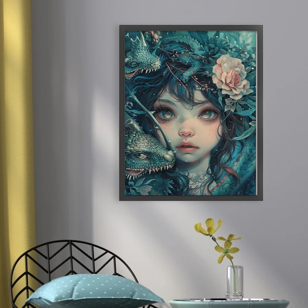 9CT Full Cross Stitch Bead Embroidery - Girl & Lizard(Canvas|40*50CM)