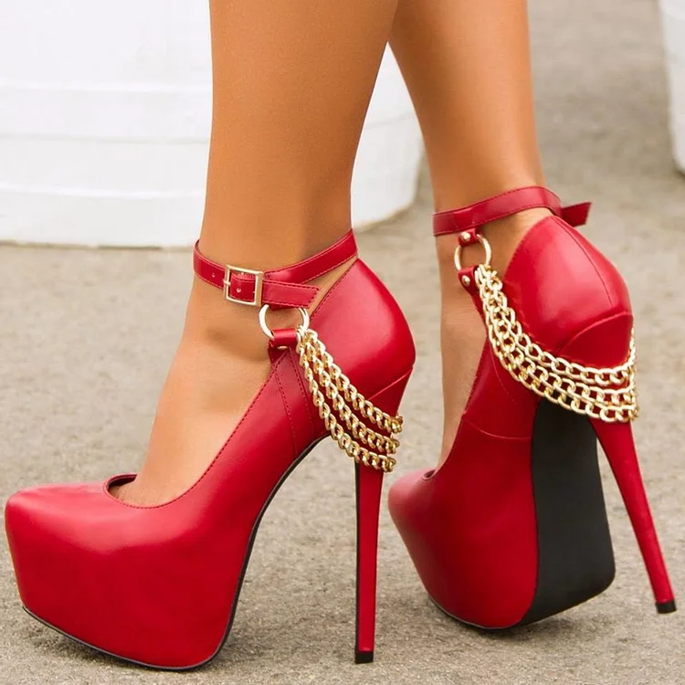 Coral Red Platform Ankle Strap Heels Metal Chain Stiletto Heel Pumps |FSJ Shoes