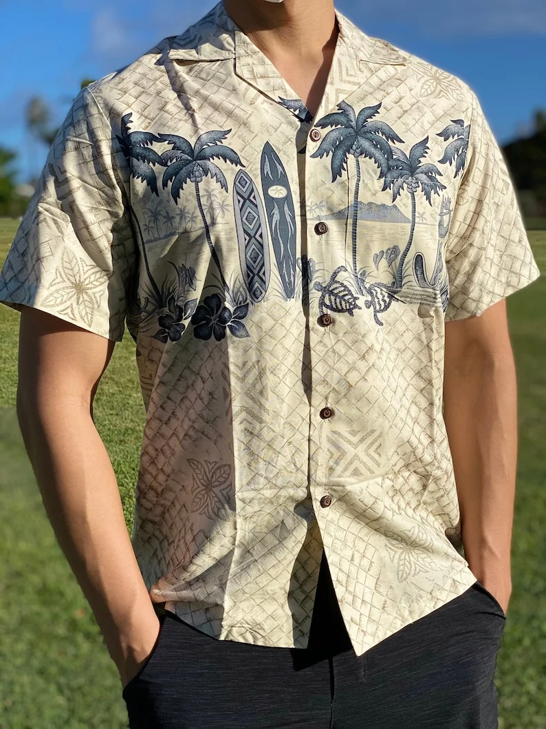 Surfboard and Turtles Island Hawaiian Aloha Shirt