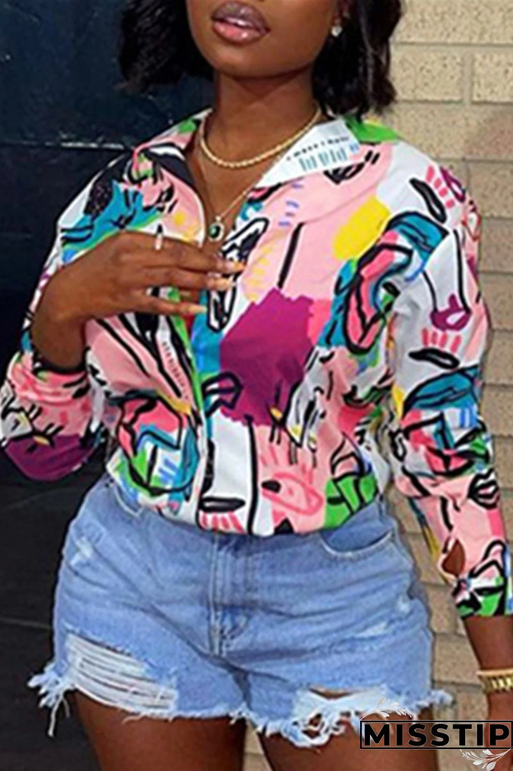 Colour Fashion Casual Print Basic Turndown Collar Shirt Tops