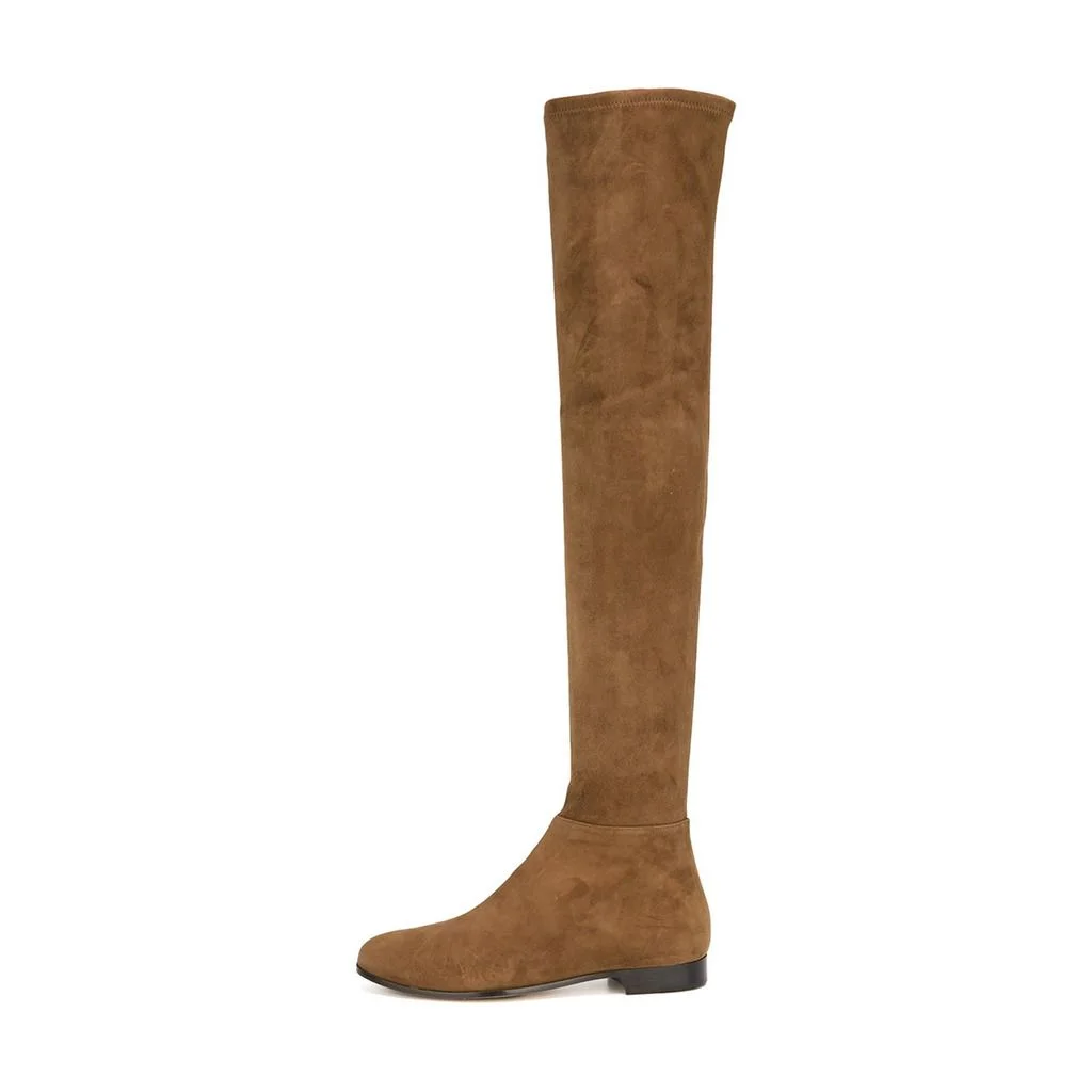 Tan Round Toe Chunky Heel Over The Knee Vegan Suede Boots Women