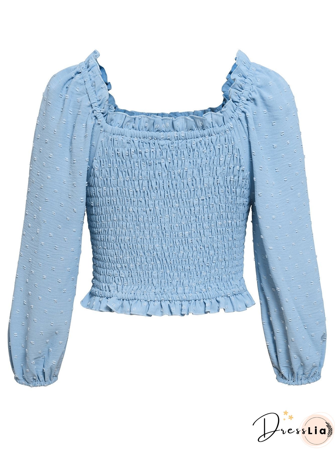 Swiss Dot Smocked Frill Trim Blouse