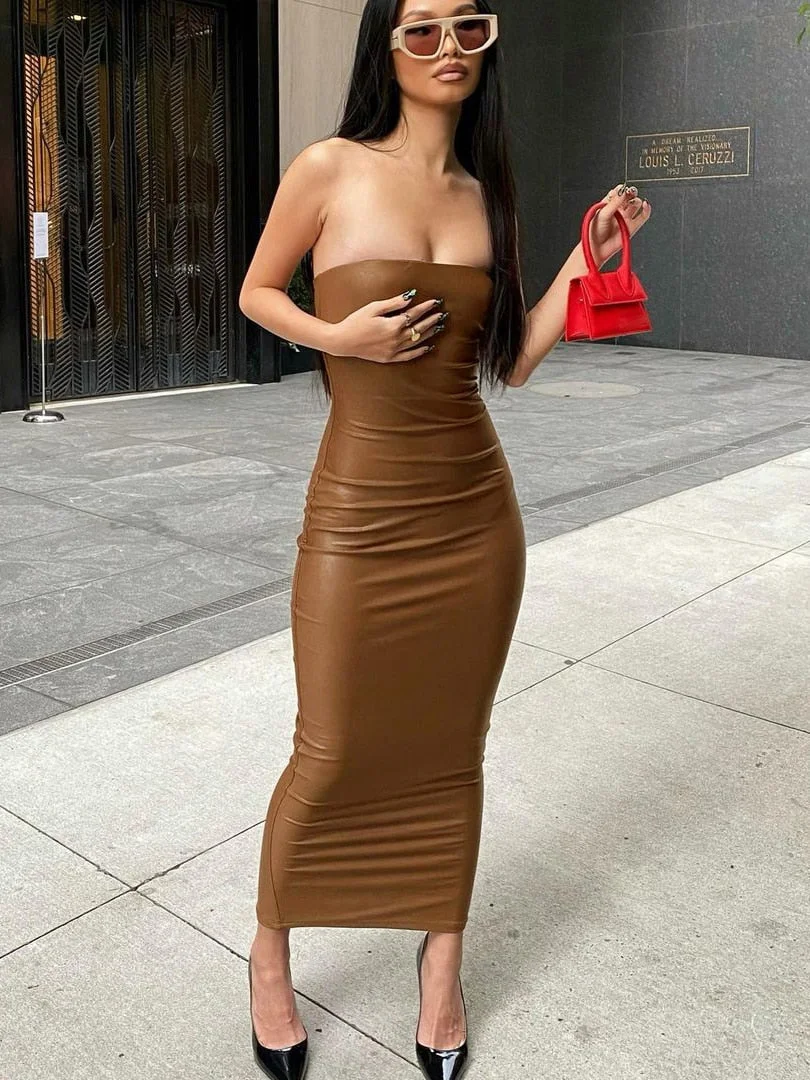 Hugcitar Pu Leather Strapless Tube Sleeveless Bodycon Slim Sexy Maxi Dress 2021 Fall Winter Women Christmas Halloween Party Y2K