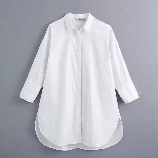 New women simply style buttons decoration casual white poplin blouse office lady side split shirts chic blusas tops LS6562