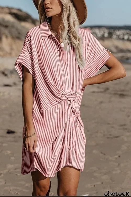 Knot Stripe Shirt Mini Dress