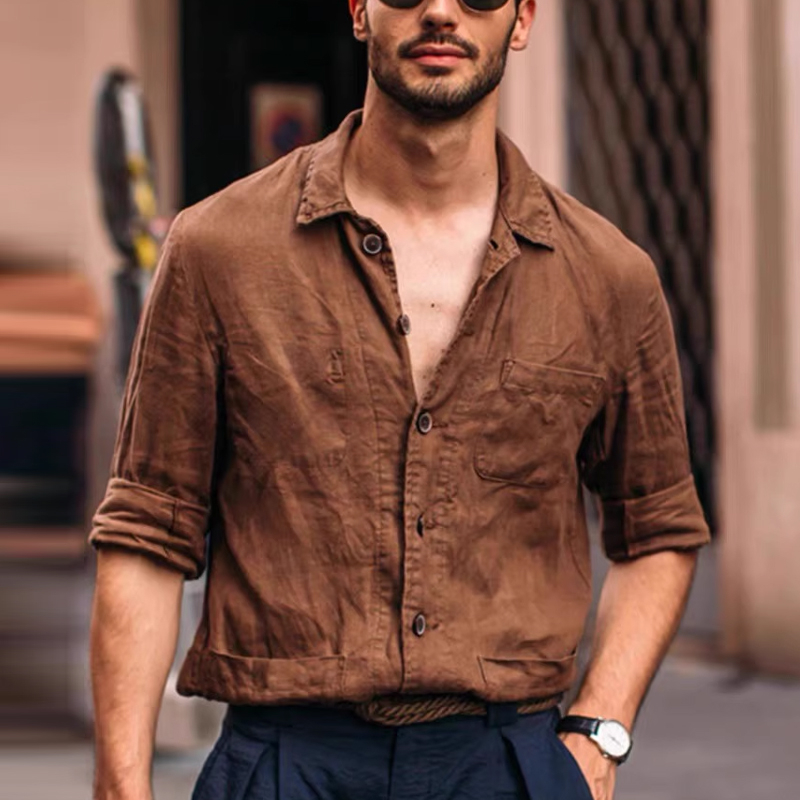 Men's Brown Linen Long Sleeve Shirt