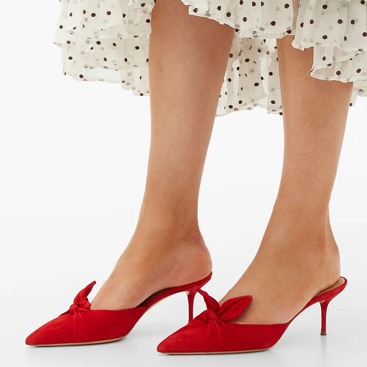 Red Vegan Suede Knotted Stiletto Heel Mules Shoes |FSJ Shoes