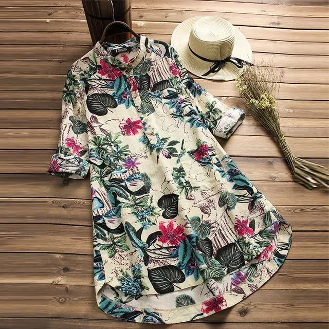 Plus Size Women Floral Casual Button Dresses Vintage Linen Bohemian Dress