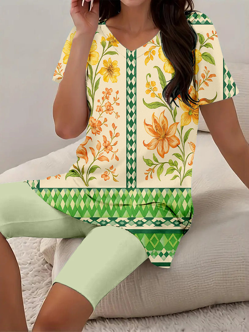 Women Long Sleeve V-neck Graphic Floral Printed Top