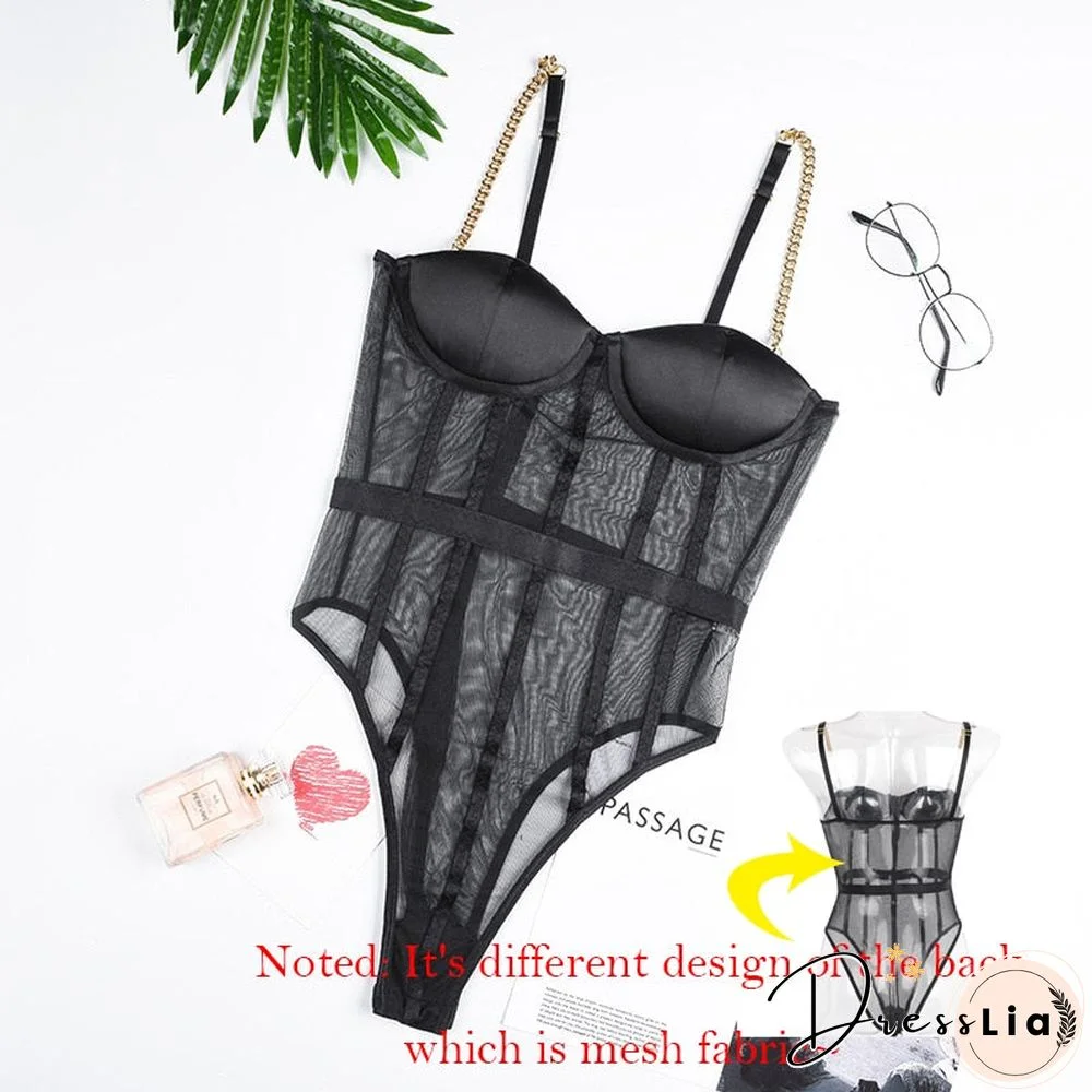Black Mesh Transparent Bodysuit Metal Chain Straps Backless Bodysuits Sexy Bodycon Jumpsuit Fashion Club Party