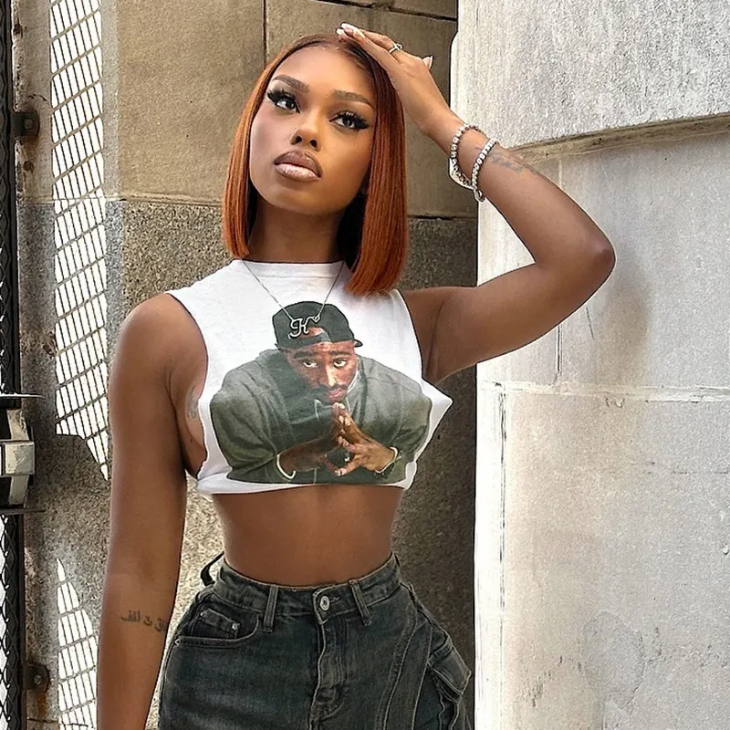 Uveng Uveng Women's Summer New Vintage 3D Printed Street Man's Rounded Sleeveless Vest Short T-Shirt