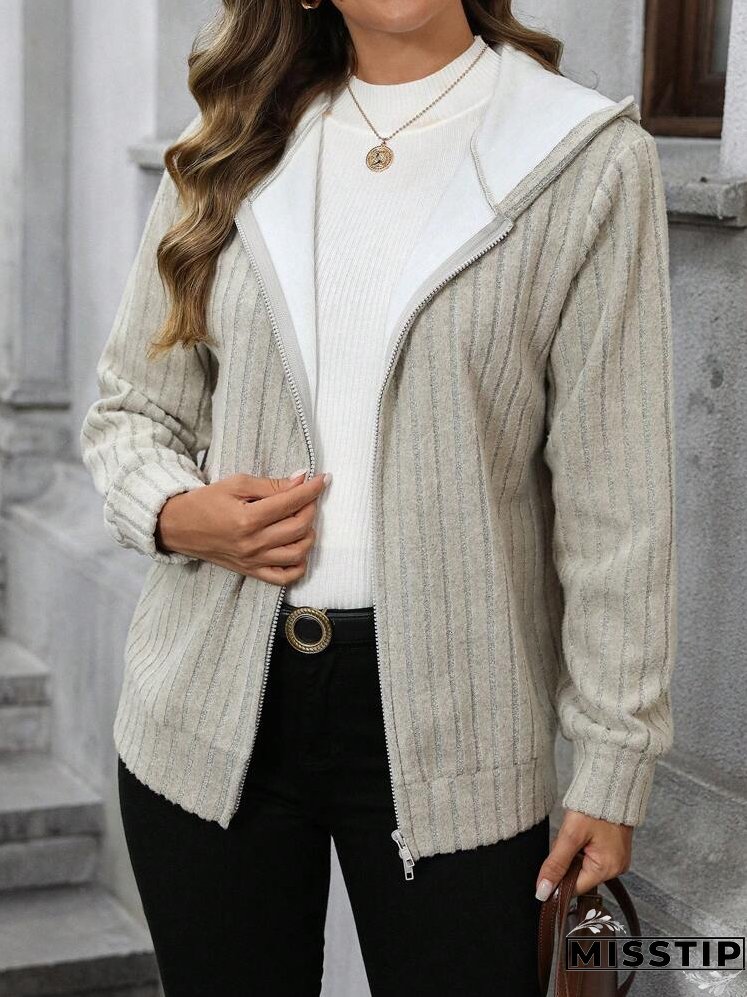 Women's Front Zipper Long Sleeve Minimalist Hooded Casual Regular Jacket