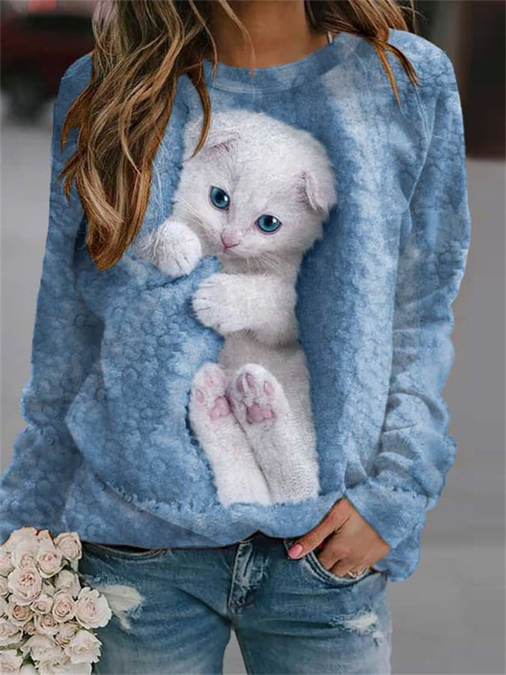 Spring and Summer Animals Loose Print Long Sleeve Round Neck Sweater White Blue Green Pink