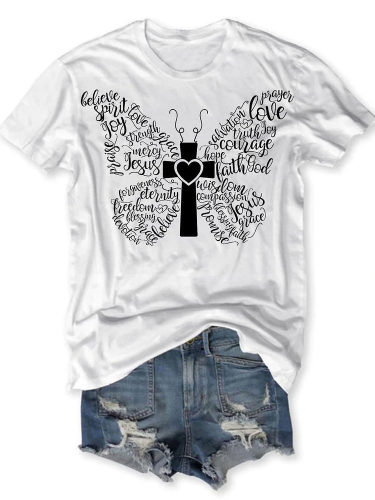 Bestdealfriday Butterfly Cross Graphic Short Sleeve Round Neck Loose Tee