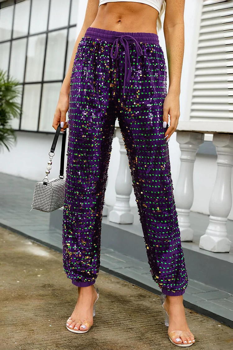 Sparkling Sequin Elastic Waist Tie Up Pants-Purple