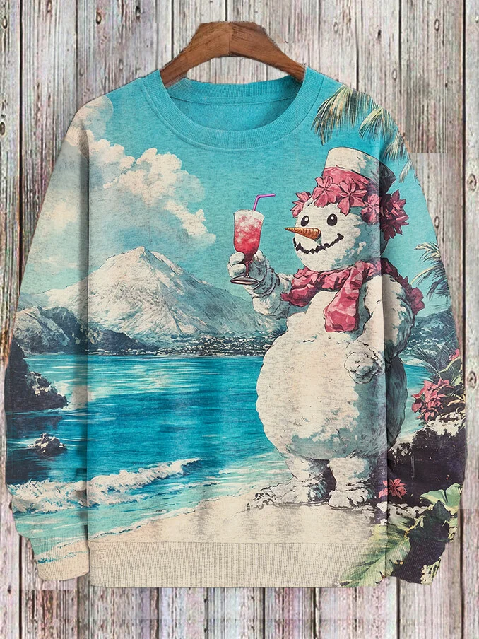 Men's Seaside Snowman Drinking Vacation Style Print Casual Sweatshirt
