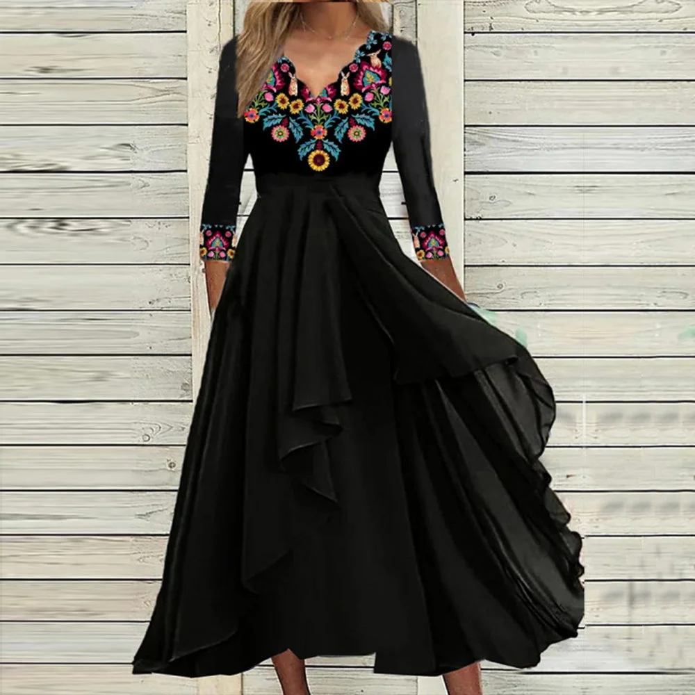 Elegant 3/4 Sleeve Print Midi Dress