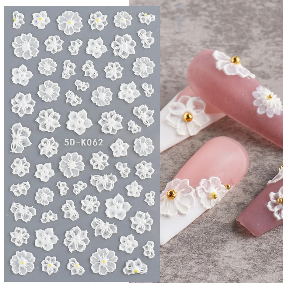 Churchf Nail Stickers Flowers Geometric Lines Decor Acrylic Embossed Sliders Gold Frame Nail Decals Cherry Blossom Manicure GLJI-5D05-Nail Inspo