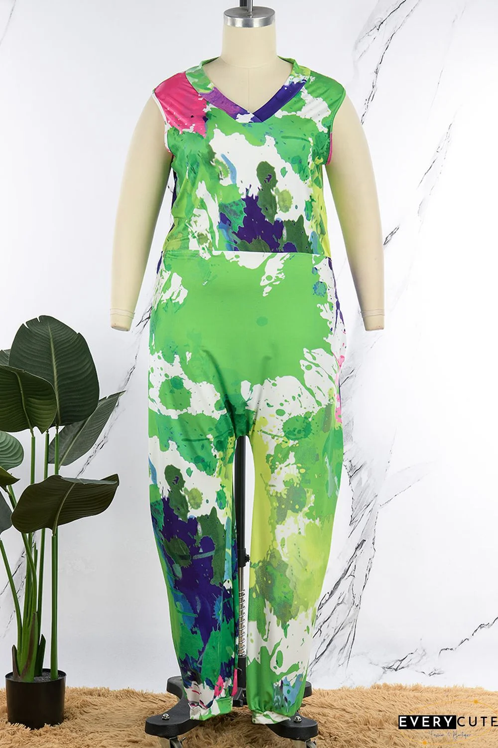 Green Casual Print Tie-dye V Neck Plus Size Jumpsuits