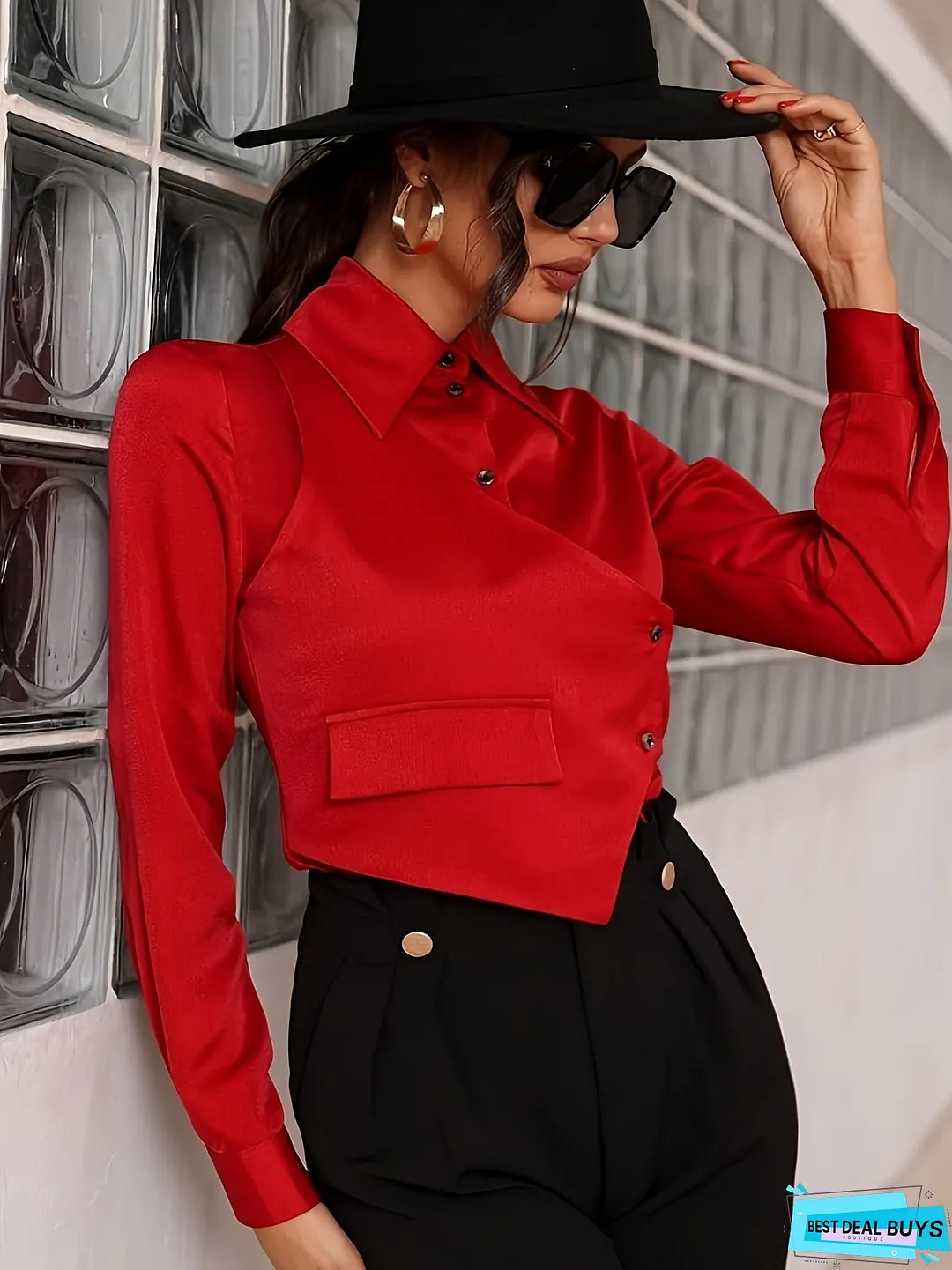 Button Front Asymmetric Crop Blouse, Stylish Long Sleeve Lapel Blouse For Spring & Fall, Women's Clothing