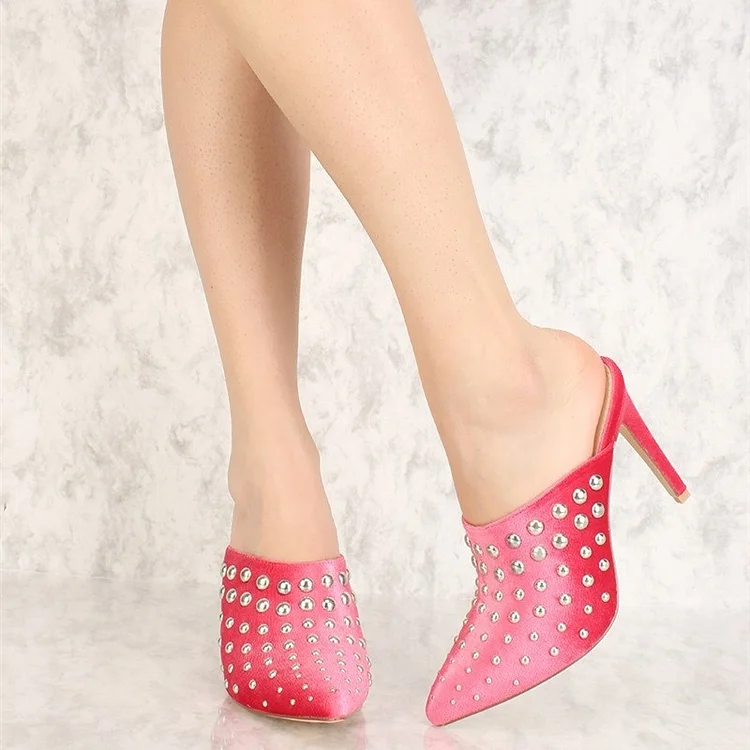 Red Satin studs Pointy Toe Stiletto Heel Mules |FSJ Shoes