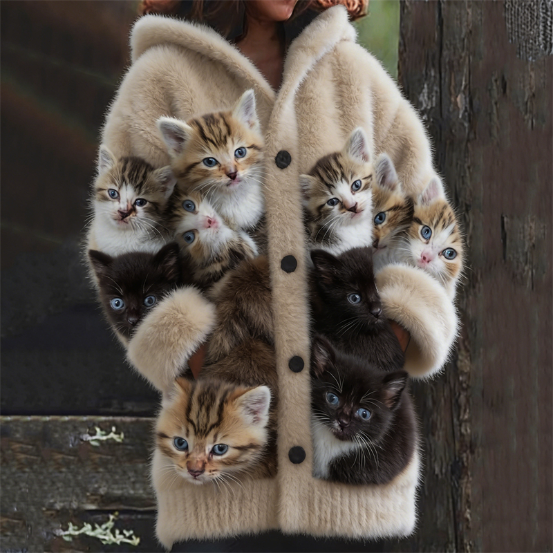 Crowded Warm Fuzzy Cats Cozy Hooded Cardigan wearshes