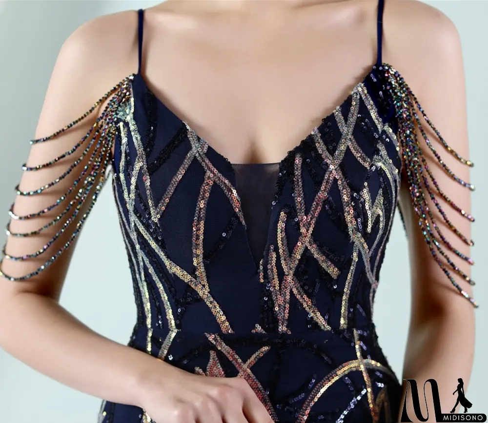 MidiSono - Women Summer Blue Vintage Strap Sleeveless Striped Print Metallic Beading Mermaid Evening Dress