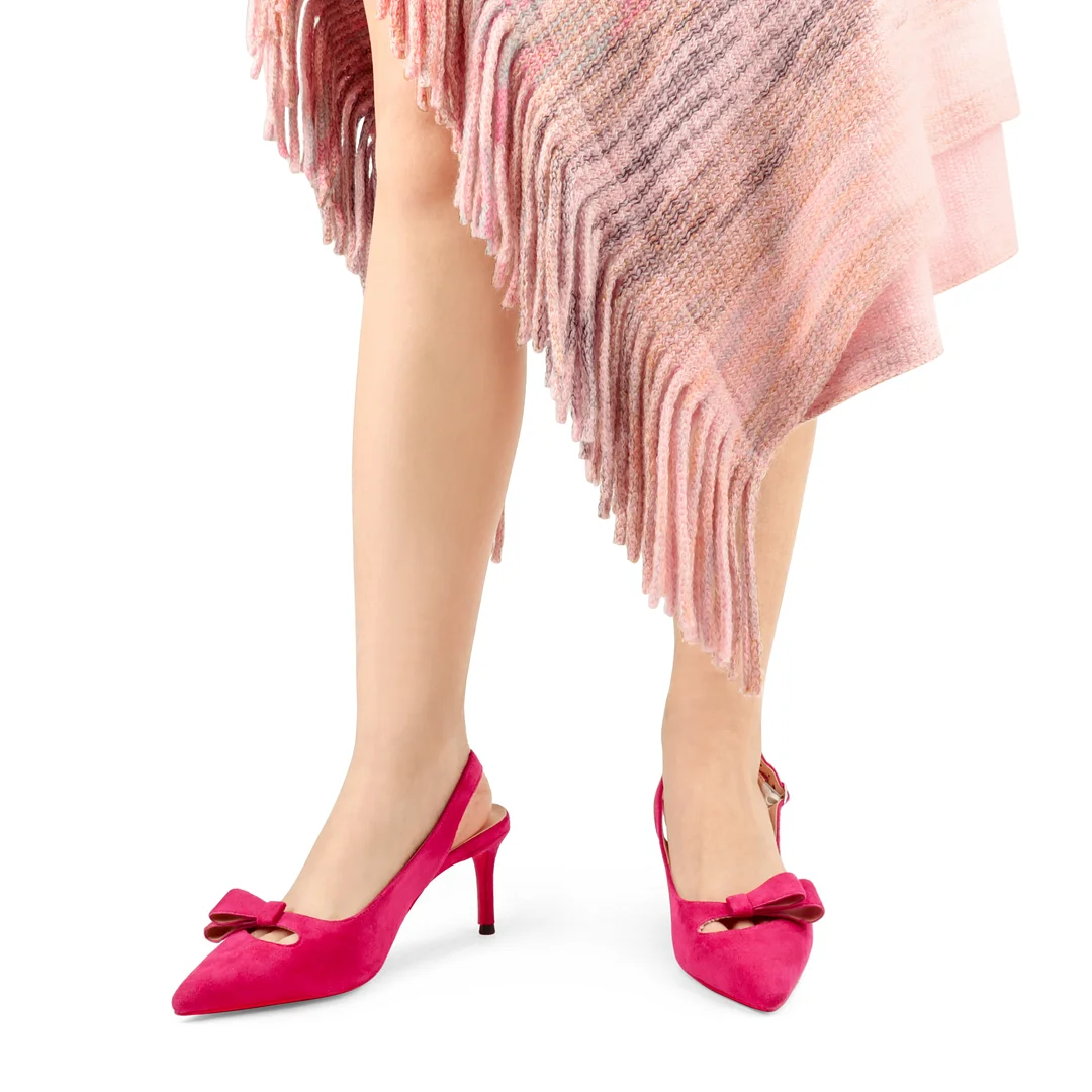 60mm Women's Pointed Toe Kitten Heels Bow-Knot Slingback Pumps Red Bottom Suede Sandals-MERUMOTE