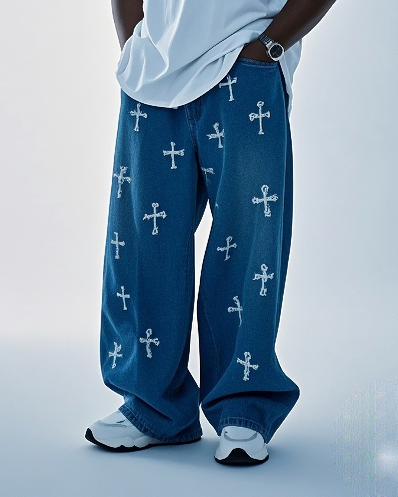 Plus Size Men's Cross Simple Versatile Printed Blue Pants